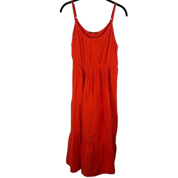 NWT Chelsea & Theodore Bold Orange Tiered Midi Dress, Large - Picture 2 of 12